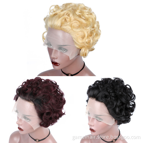150% Density Brazilian Remy Curly Wig For Black Women Curly Brazilian Remy  Hair 13x1 Lace Wigs Short Blond Pixie Human Hair